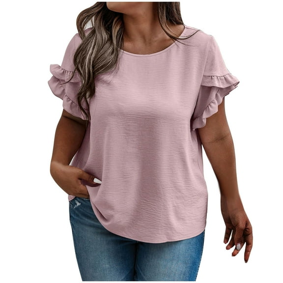 Diufon Women's Plus Size Tops Trendy Ruffle Short Sleeve Crewneck Shirts Summer Casual Dressy Loose Blouses