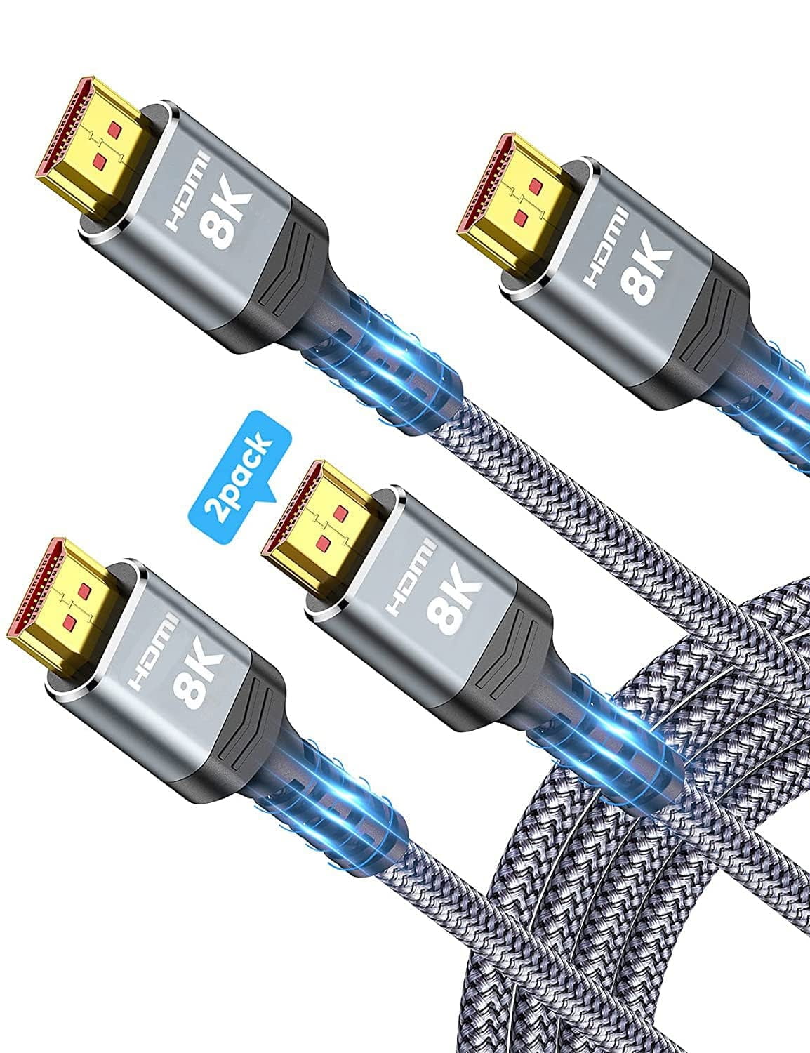 8K HDMI Cable 2.1 2Pack 6.6FT, 48Gbps High Speed HDMI Braided Cord4K