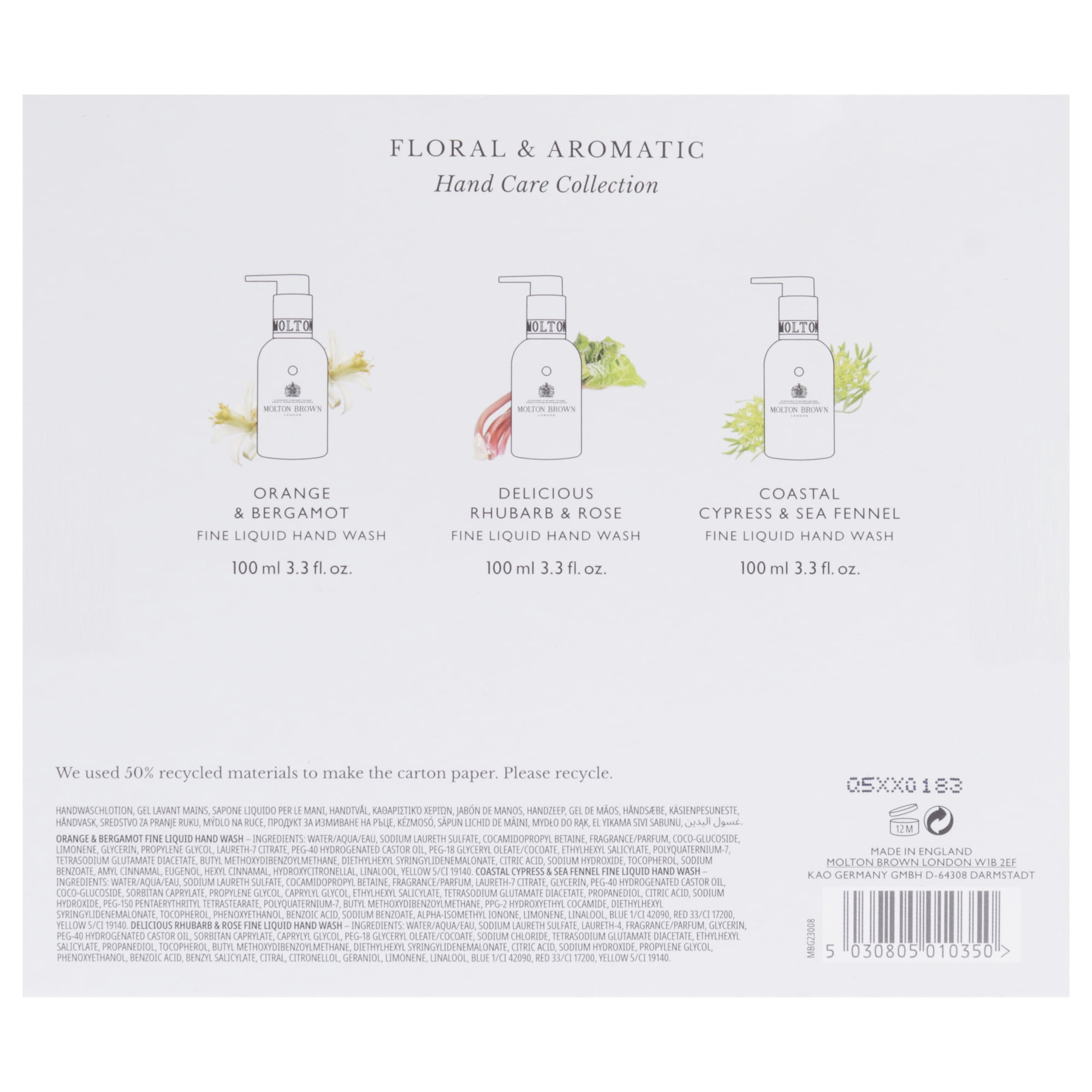 Molton Brown Floral and Aromatic Hand Care Collection Set , 3 Pc 3.3oz Orange and Bergamot Hand Wash, 3.3oz Delicious Rhubare and Rose Hand Wash, 3.3oz Coastal Cypress and Sea Fennel Hand Wash