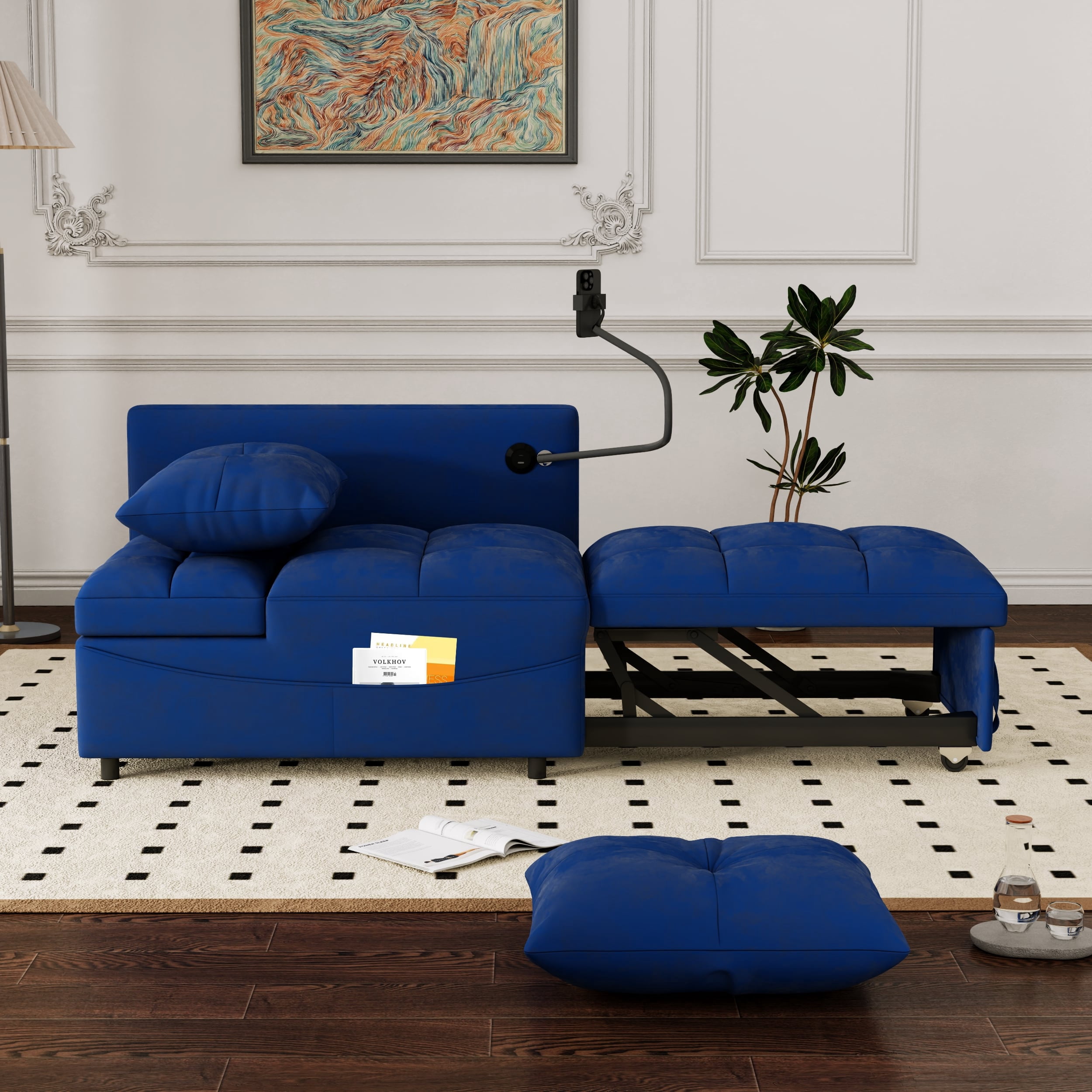 Leumius Folding Sofa Bed, 3 Lengths Available, Modern Sofa Velvet Pull-Out Bed, Loveseat with Adjustable Backrest, USB Port and Rotating Phone Holder, Blue.