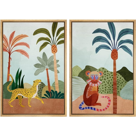 IDEA4WALL Framed Canvas Print Wall Art Set Wild Tropical Jungle Safari Cheetah & Monkey Digital Art Decorative Bohemian Colorful Chic Artwork for Living Room, Bedroom, Office - 24"x36"x2 Natural
