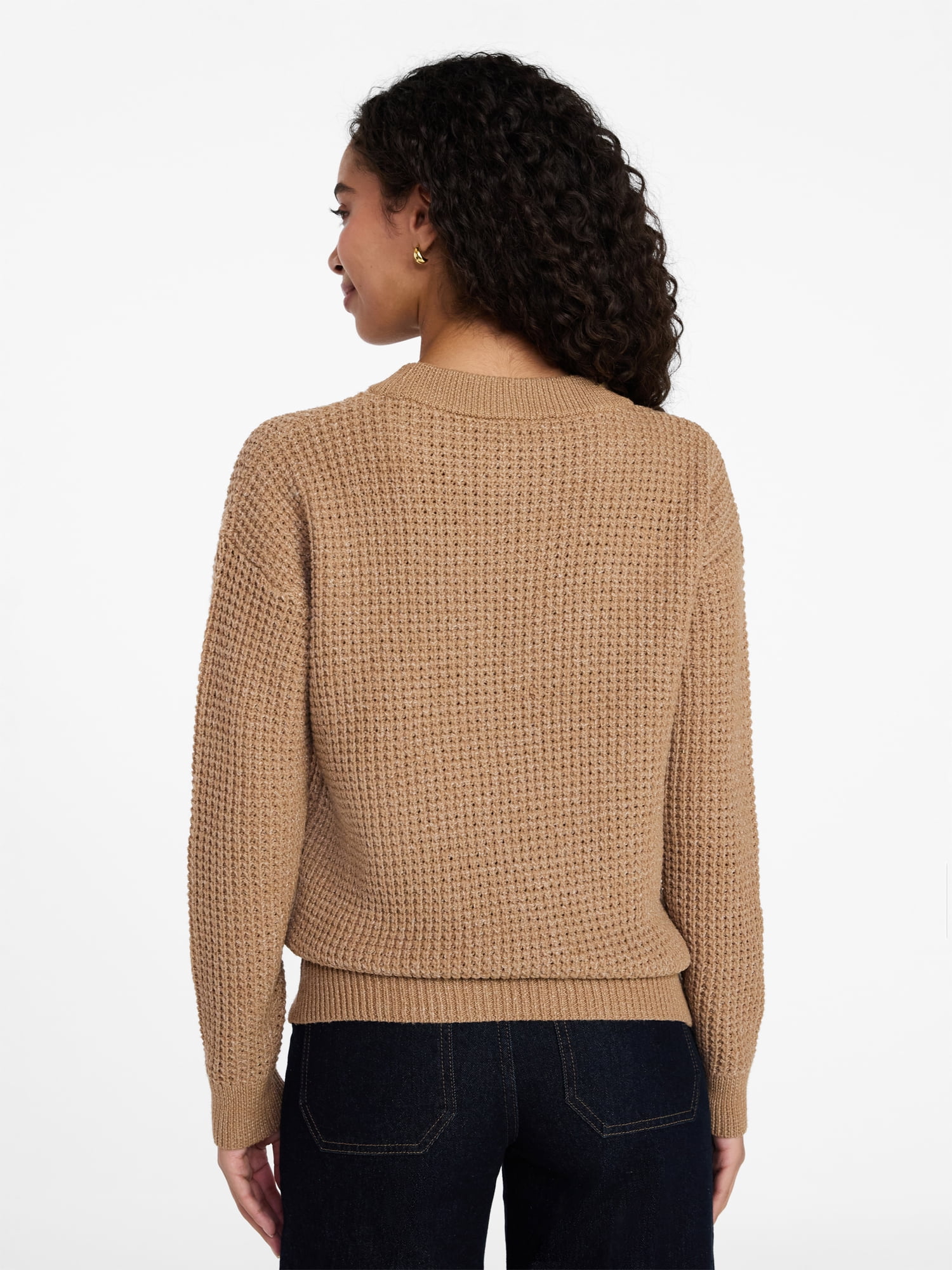 Time and Tru Women's Waffle Stitch Sweater with Long Sleeves, Sizes XS-XXXL