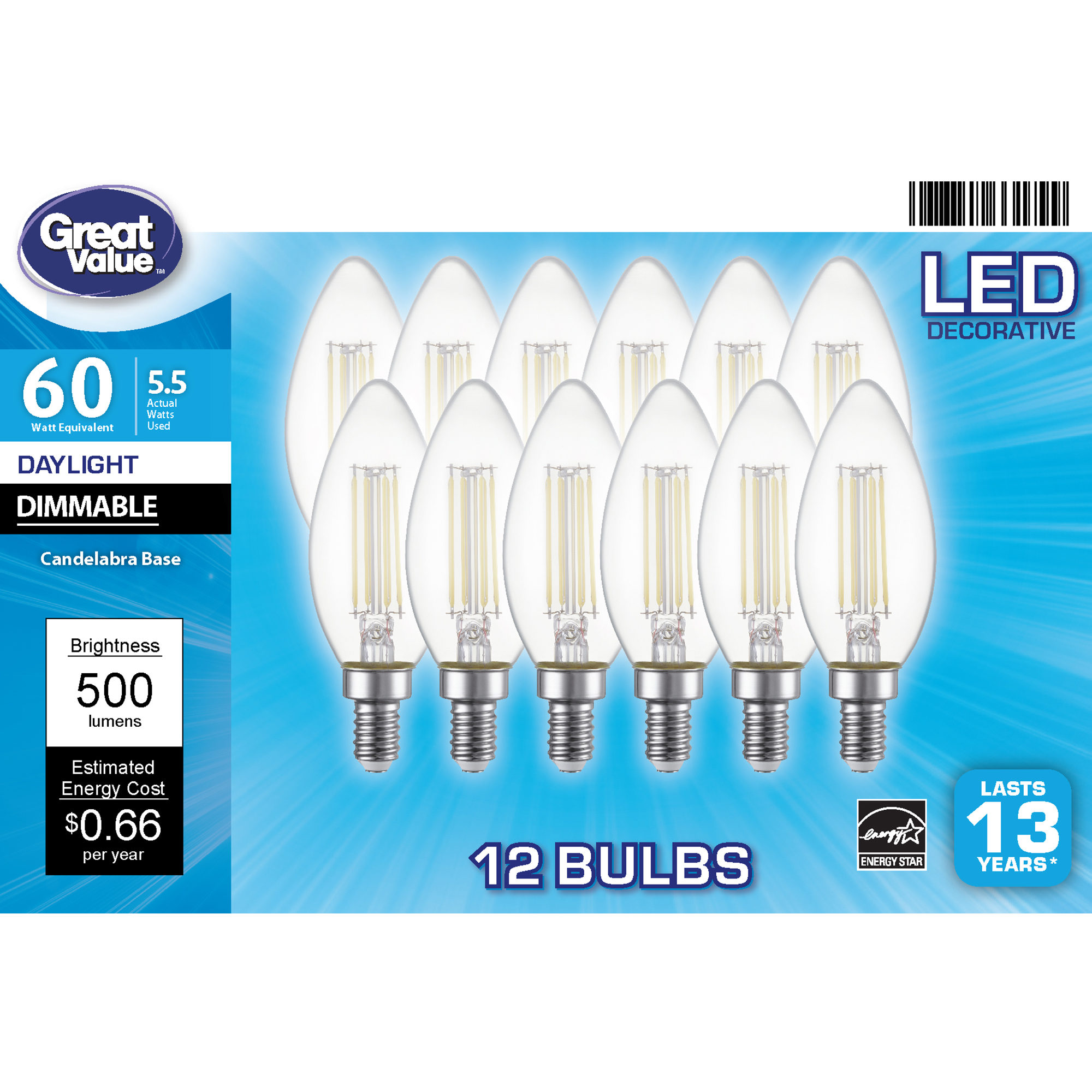 Great Value LED Light Bulb, 5.5W (60W Equivalent) B10 Deco Lamp E12
