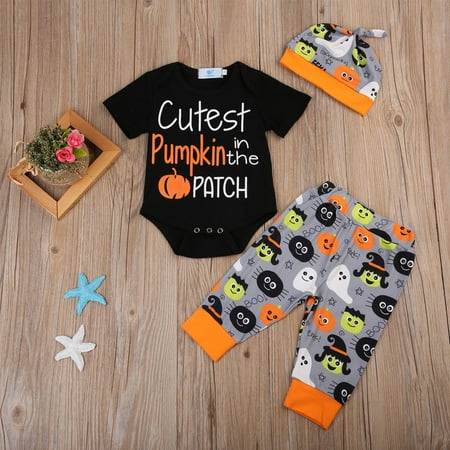 

purcolt Baby Days savings!3PCS Toddler Baby Girls Halloween Letters Print Outfits Long Sleeve Romper Tops + Trousers Pants + Hat Suit Set Kids Children Fall Clothes On Clearance