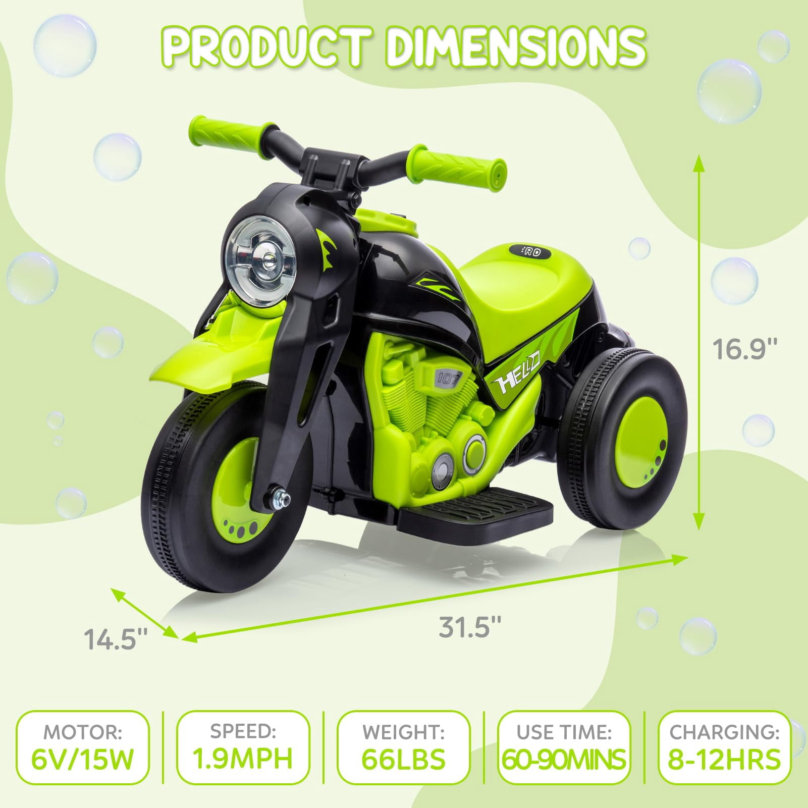 Hetoy 6V Kids Bubble Ride-On Motorcycle – Electric 3-Wheel Toy