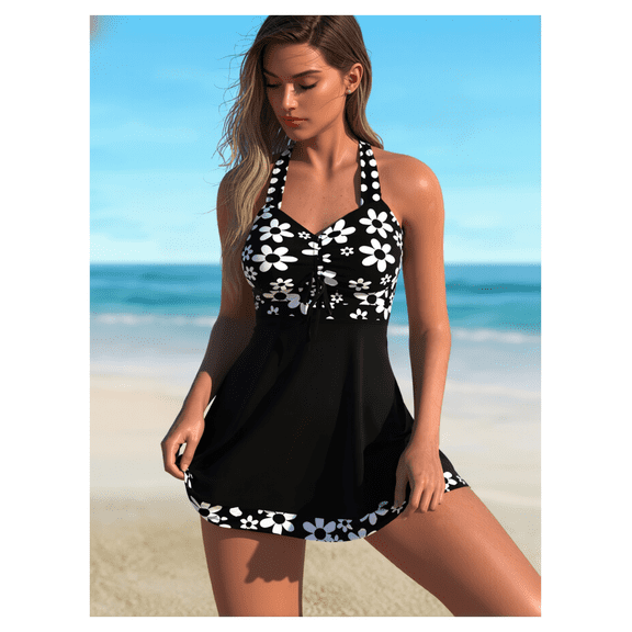 Tankini Swimsuit for Women - Polka Dot & Daisy Print Halter Top with Flared Swim Skirt - Tie Front Bathing Suit - Modest Two Piece Swimwear for Beach & Pool