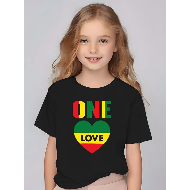 Camiseta informal de manga corta con estampado ONE LOVE para niña, de poliéster, con cuello redondo y elasticidad media, para primavera/verano.