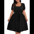 thumbnail image 3 of Vestido Elegante de Talla Grande con Lunares Retro, Cuello Cuadrado y Lazo en la Cintura para Mujer Negro XXXL, 3 of 9
