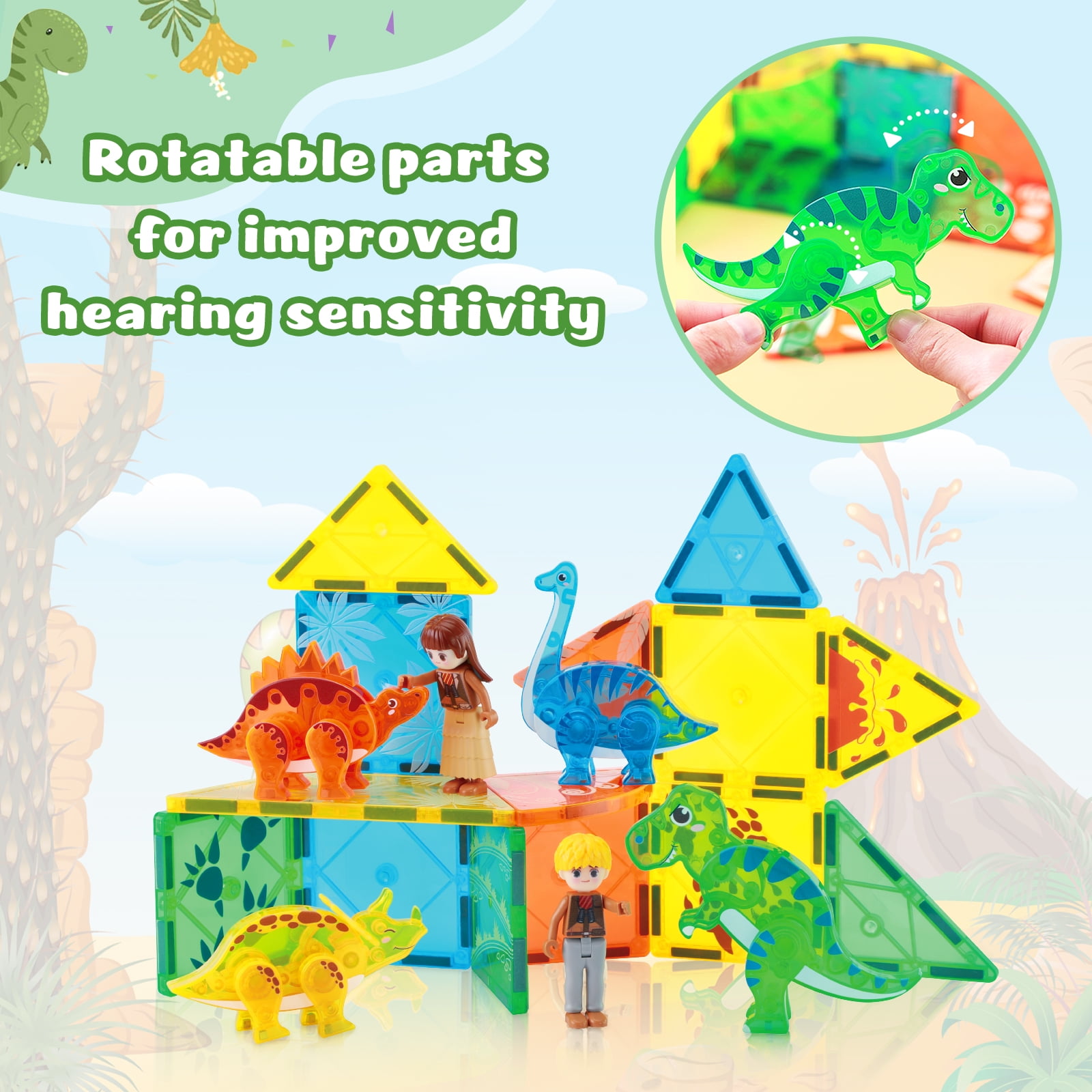 FunMagic Magnetic Tiles Dinosaur Toys 3D Movable Dino Blocks for Kids Toddler Outdoor Sensory Toys, Educational Building Blocks for Boys Girls