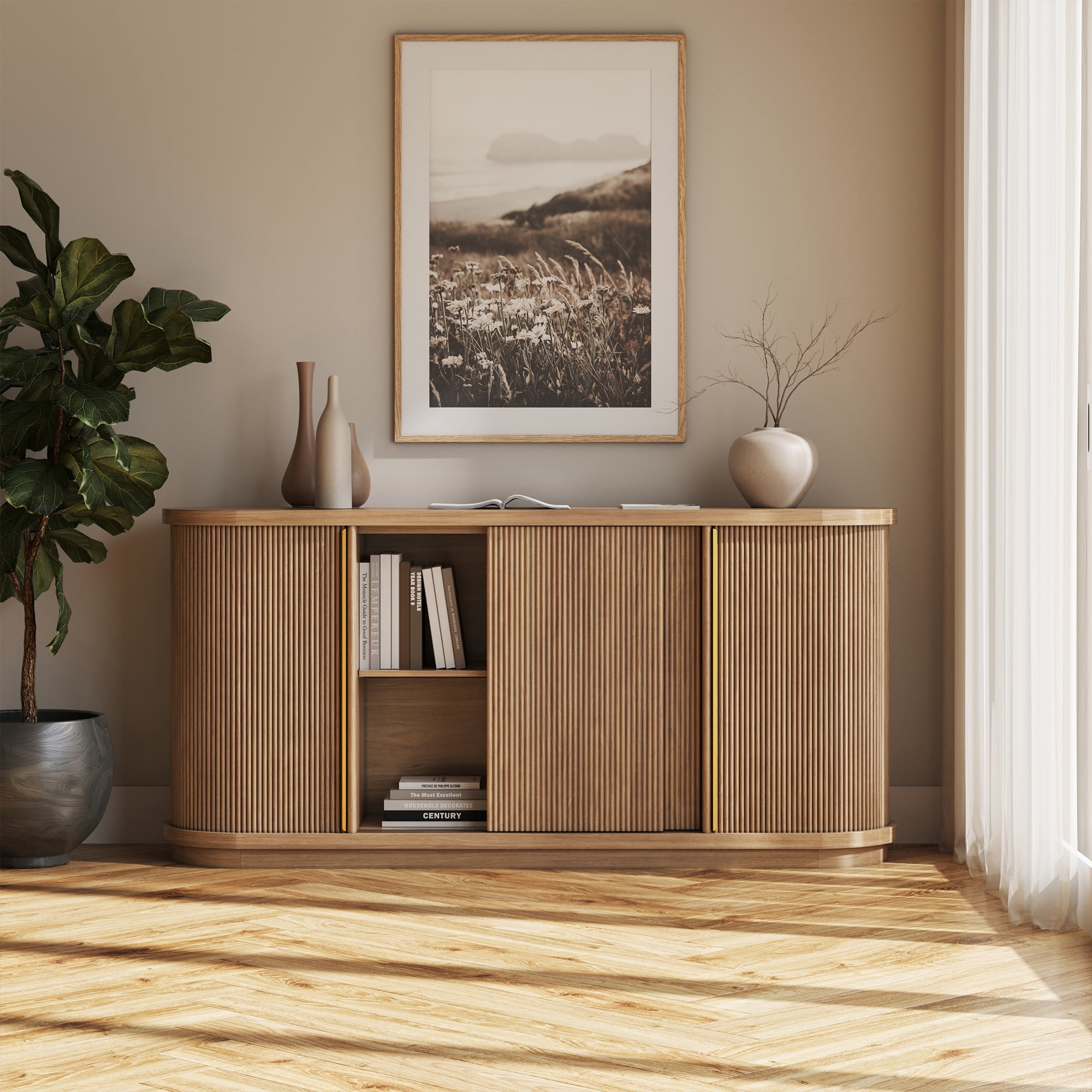 Belleze Camel 67 Inches Modern Curved Sideboard with Sliding Tambour Doors | 014-HG-40022-CAM