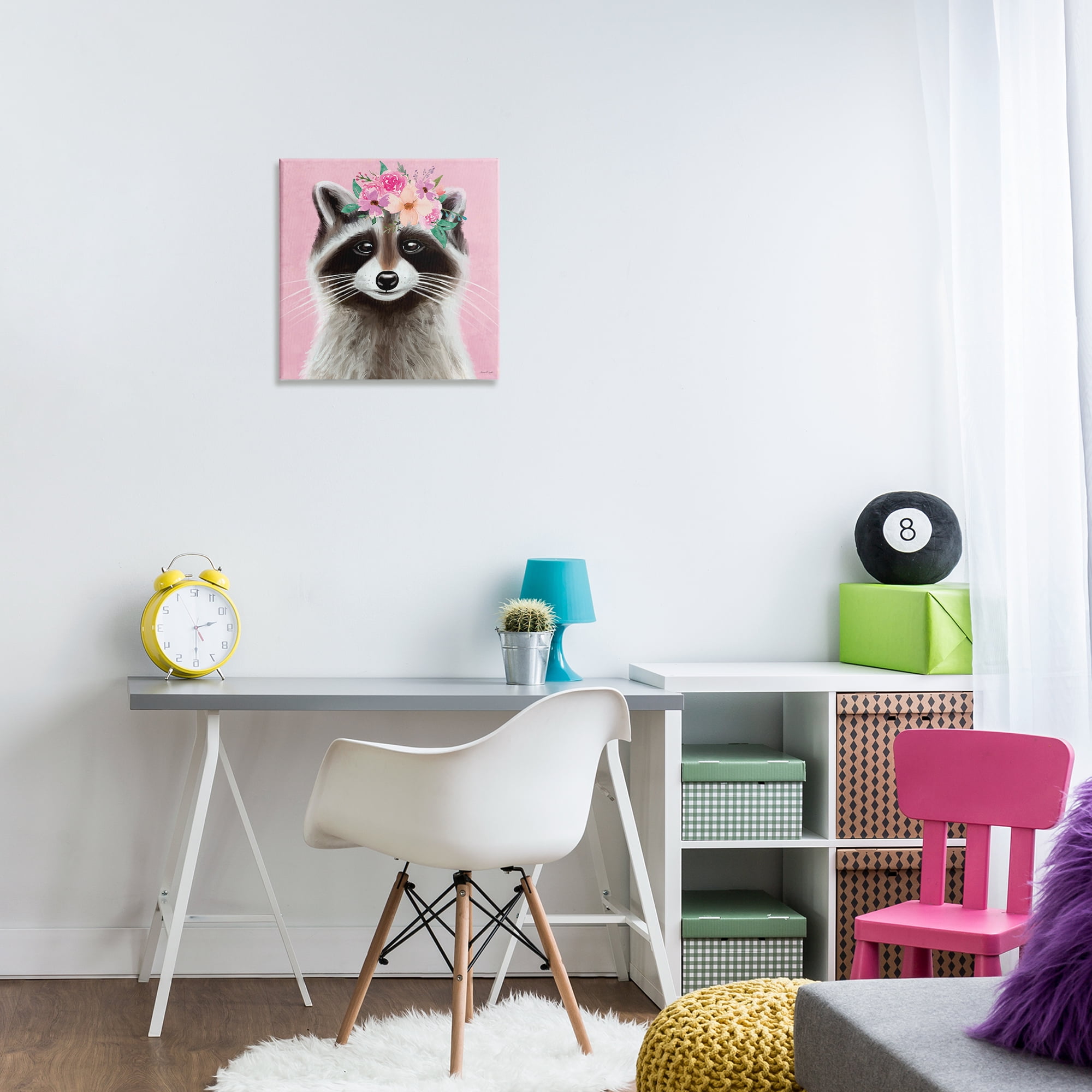 Stupell Industries Pink Florals Raccoon Animals & Insects Painting Gallery Wrapped Canvas Art Print Wall Art, 17 x 17