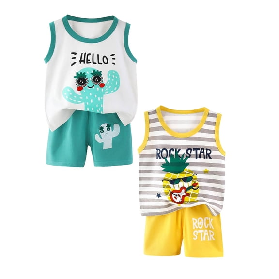 Hudaneo Boy Clothes Toddler Baby Boys 4 PCS Summer Outfits Sleeveless Cotton Dinosaur T-Shirt Shorts Set, 3 Months-6T