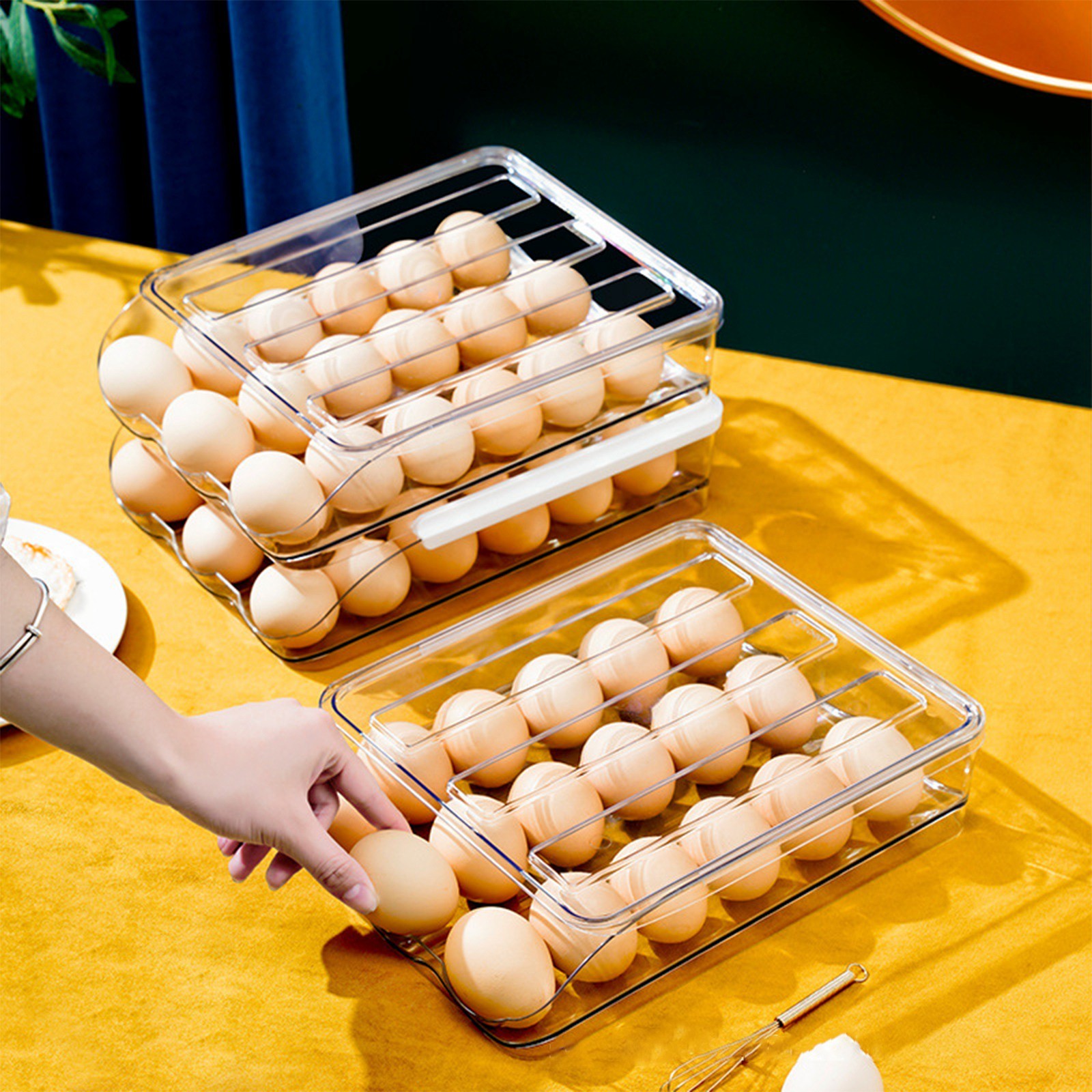 XKHBDL Egg Holder for Fridge, Automatic Rolling Egg Container for Refrigerator, Stackable Fridge Organizers and Storage with Lid, Clear Plastic Egg Dispenser & Tray