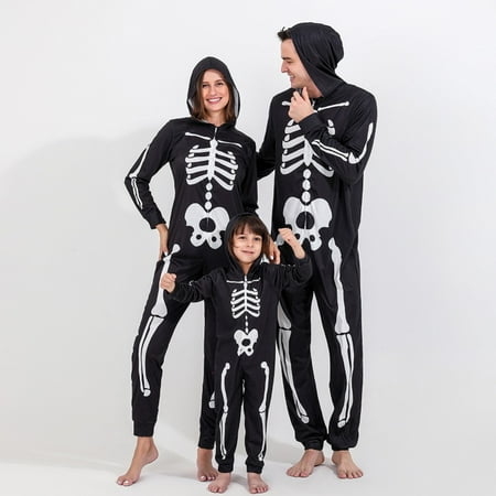 

Matching Halloween Pajamas Family Skeleton Jumpsuit Halloween Hooded One-Piece Zipper Sleepwear Holiday Loungewear For Men Women Kids