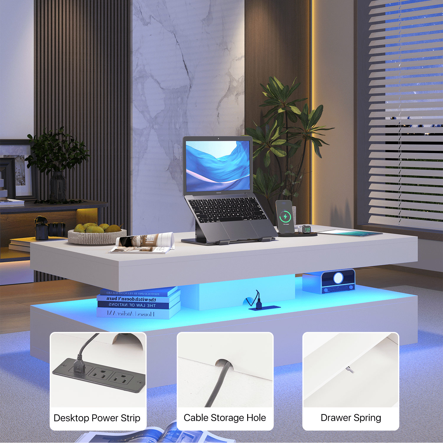 Sonegra 47" High-Glossy LED Coffee Table, Storage Coffee Table with 2 Sliding Drawers for Living Room, Modern Stylish Double-Layer Center Tables with LED Lights, White