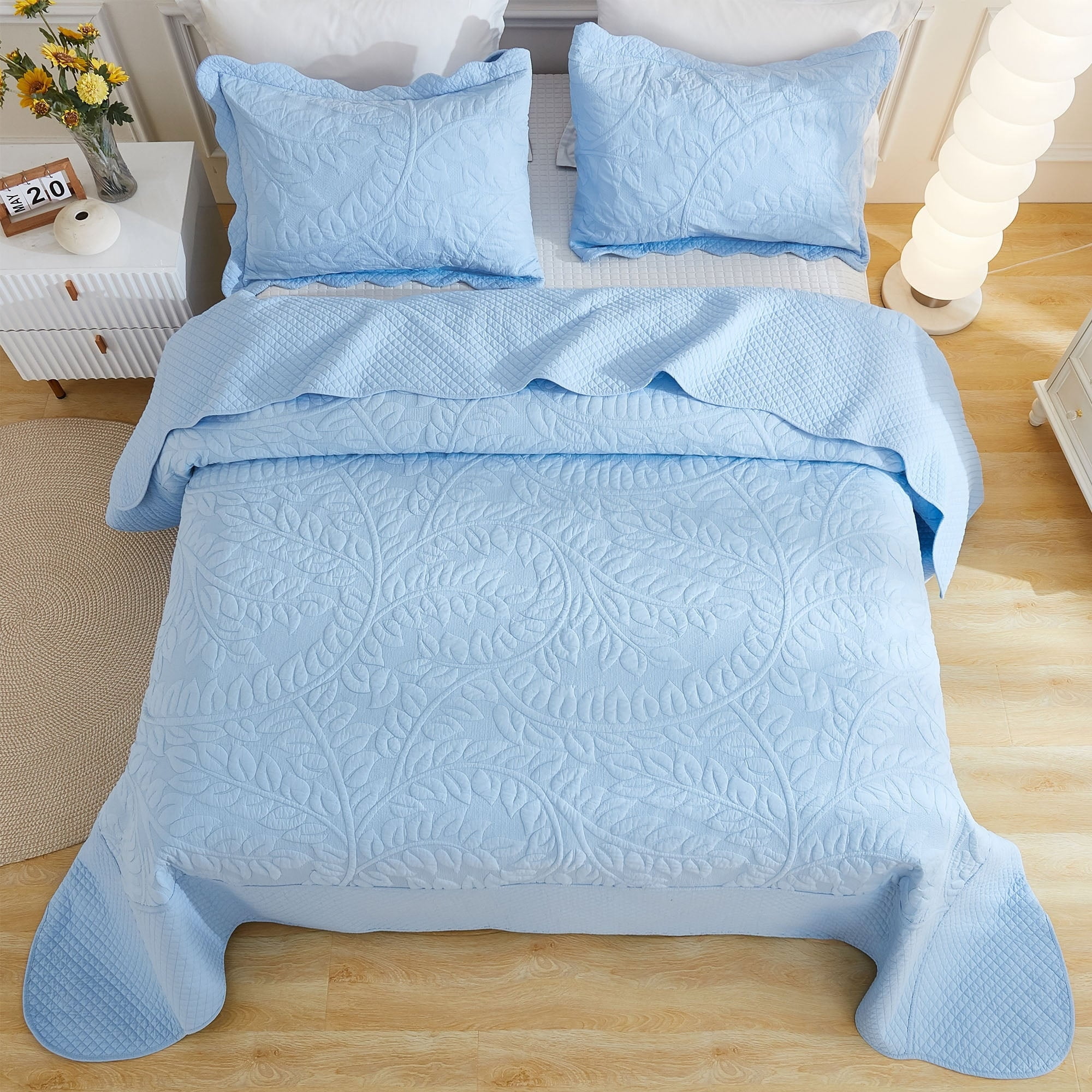 MarCielo  3 Piece Cotton Oversized Bedspread Quilt Set Tmonica Light Blue - Queen