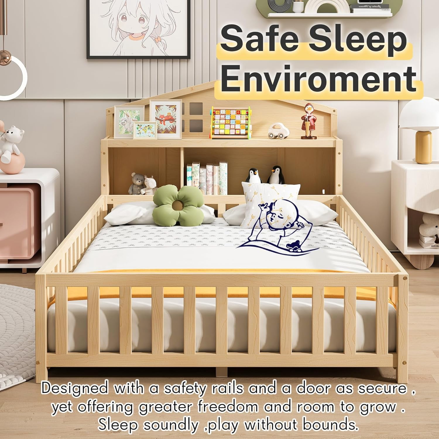 Mirightone Full Montessori Floor Bed with Storage Headboards and Guard rails, Montessori Bed Frame with Blackboards for Kids Teens, Natural