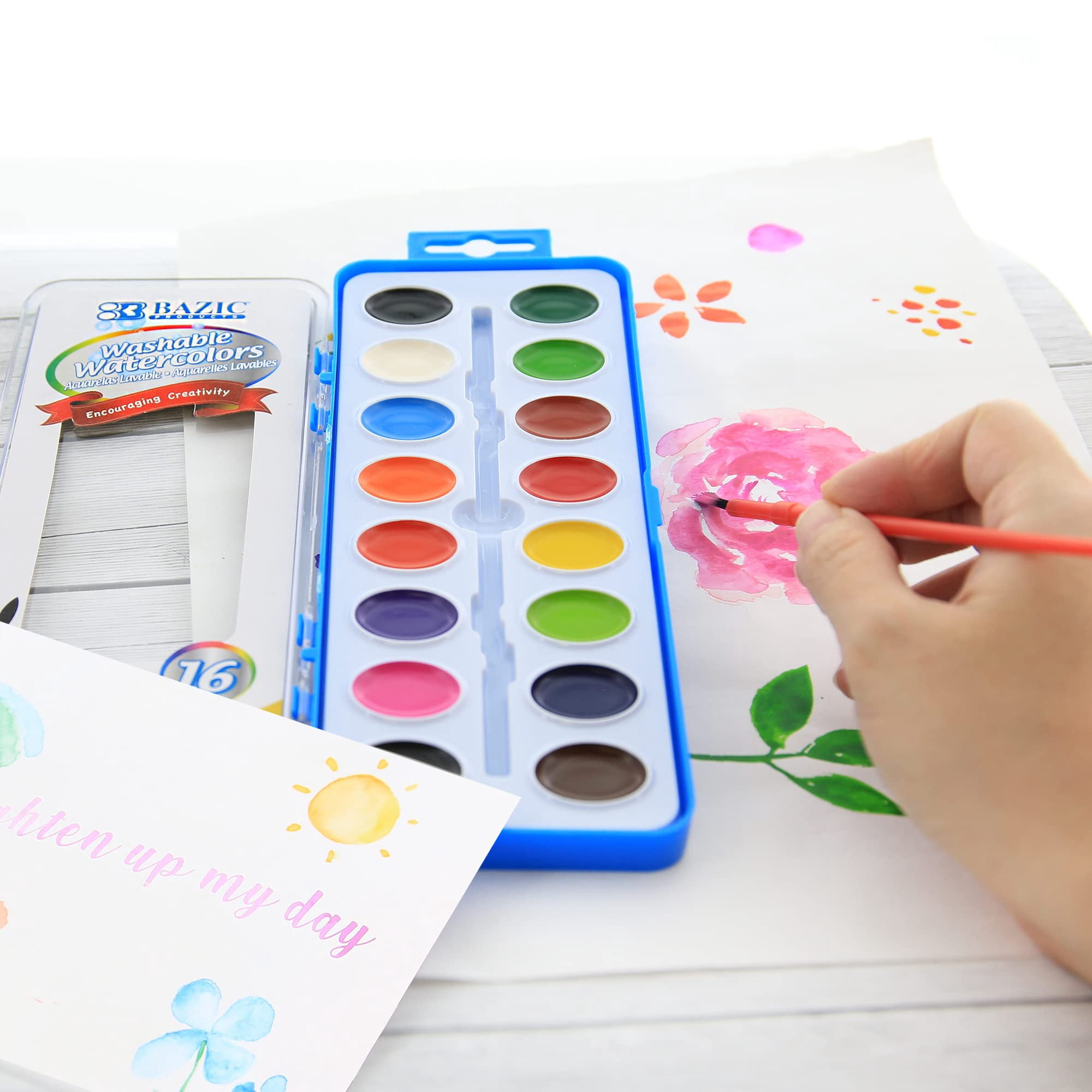 BAZIC Watercolor w/ Brush Semi Moist 16 Color, Non-Toxic Paint Set, 1-Pack