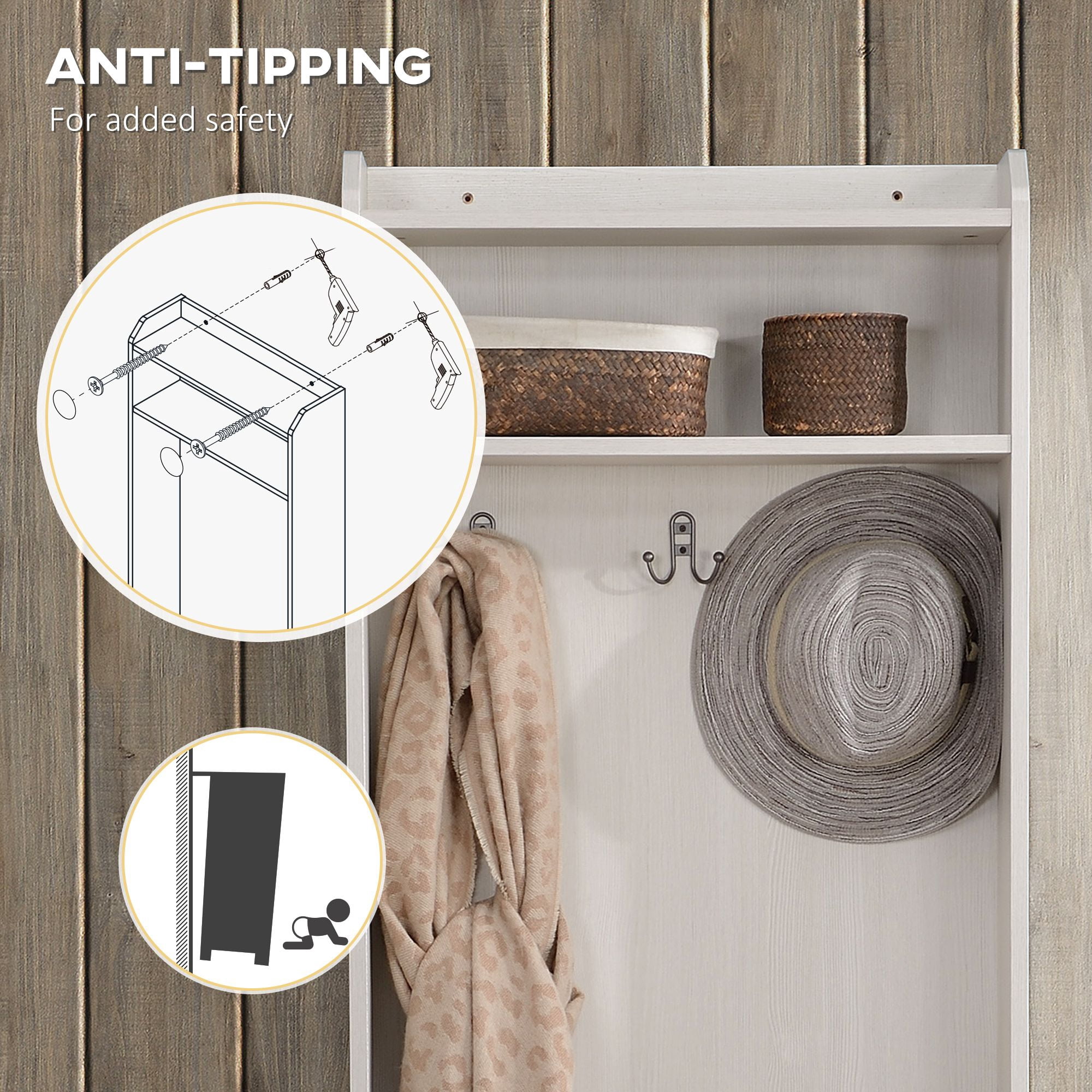 23.5IN Coat Rack Stand with Storage Bench and Hooks Rustic Hall Tree for Small Spaces Entryway Living Room