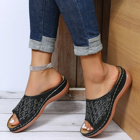 Holiday SavingLoyisViDion Womens Sandals Clearance Summer Ladies Wedge Heel Slippers Sandals Casual Thick Bottom Carved Women s Shoes /Black 7(39)