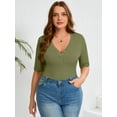 thumbnail image 4 of SHOWMALL Women's Plus Shirts Henley Elbow Sleeve Top Casual Ribbed Curved Tops Army Green 3X Layered Knit Fitted Effortless Style Top, 4 of 7