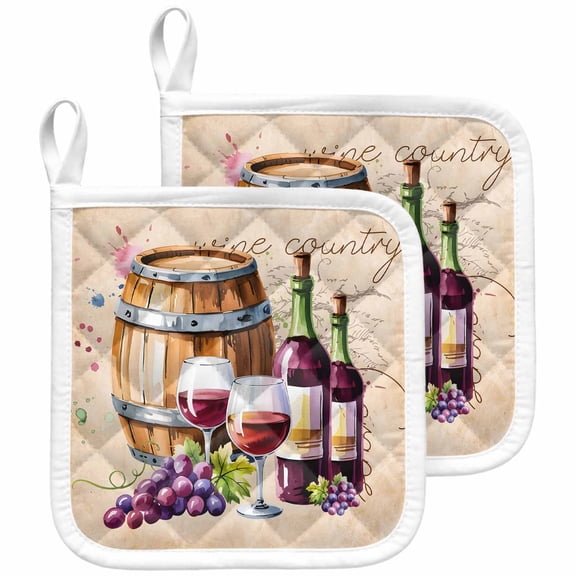 Vintage Watercolor Wine Pot Holders for Kitchen Heatproof Potholder, 2 Pack Farmhouse Cask Grapes Country Hot Pads Multipurpose Oven Pads Cloth Potholders Trivet for Cooking and Baking