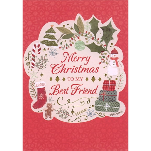 Designer Greetings Wreath of Holly, Snowman, Gifts, Gingerbread, Stocking and Candy Cane Christmas Card for Best Friend