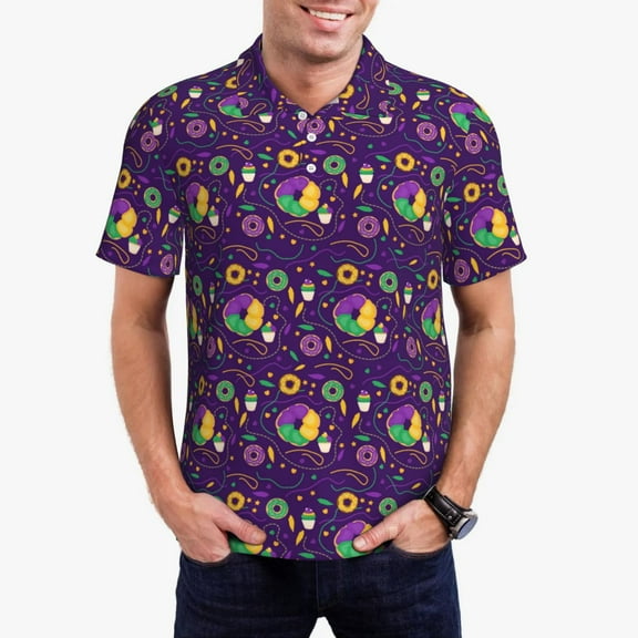 Rateoe Mardi Gras and Donuts Pattern Men's Short Sleeve Polo Shirts, Golf Polo Shirts Short Sleeve Performance Moisture Wicking Dry-Small