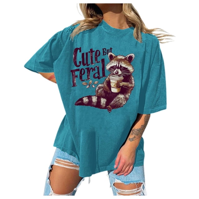 Boxy T-Shirt Femme Col Rond Manches Tombantes Imprimé Décontracté Léger Bleu m