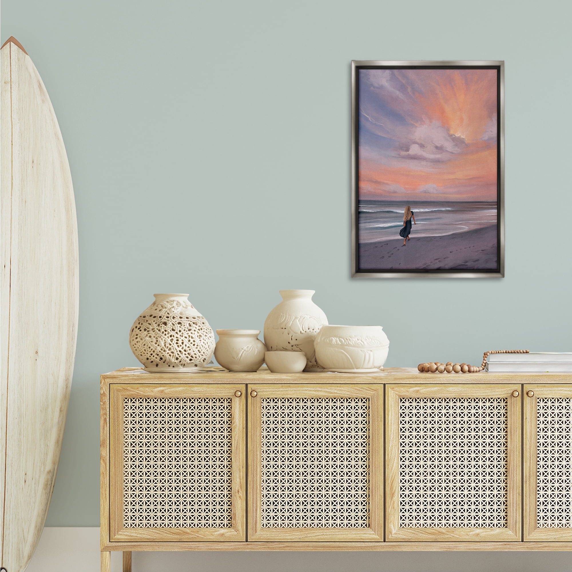 Stupell Industries Sunset Beach Walk Nautical & Beach Painting Gray Floater Framed Canvas Art Print Wall Art, 21 x 31