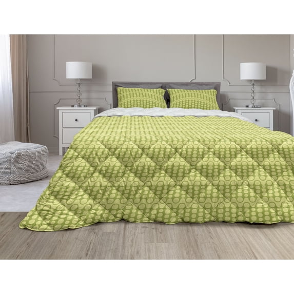 Vibrant Comforter & Sham Bedding Set, Continuous Sketchy Geometric Minimalist Green Tones Print, 3 pcs Duvet Set Microfiber Filling Quilt, 5 Sizes, Avocado Green, by Ambesonne
