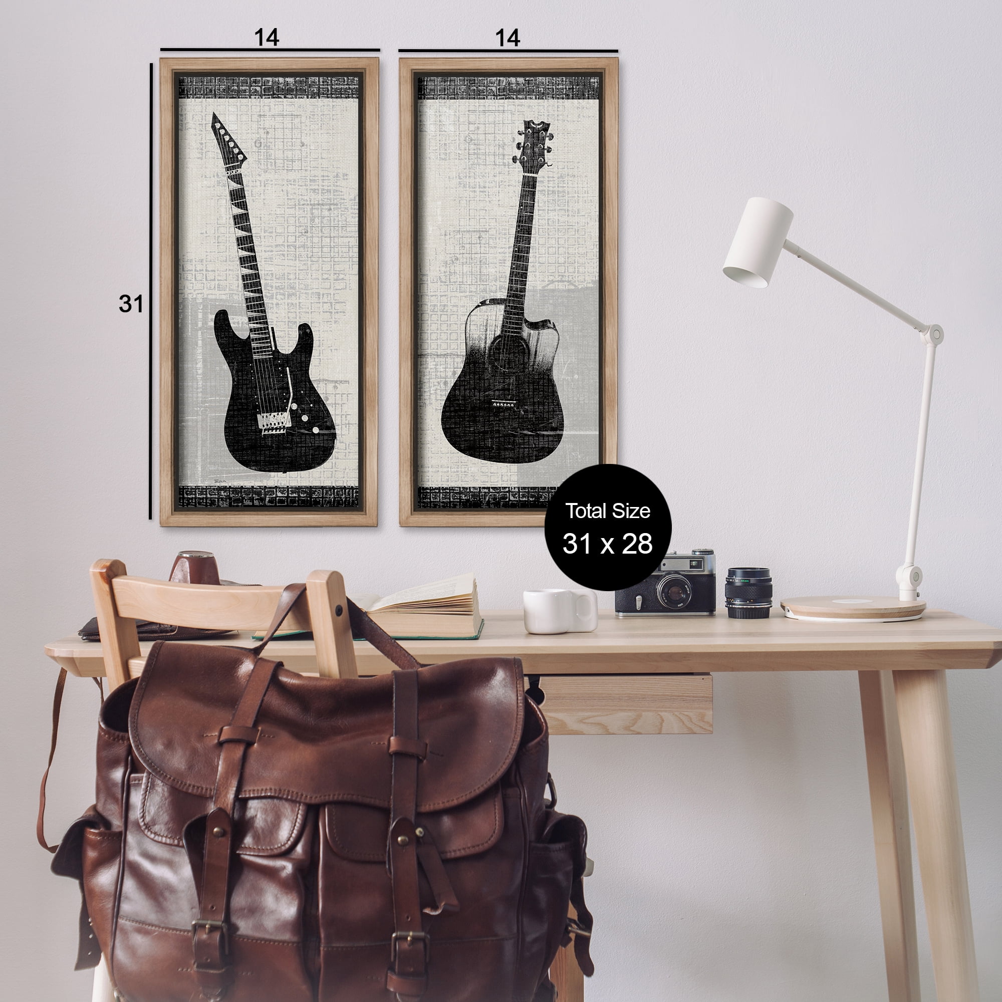 Stupell Industries Electric Acoustic Guitar Entertainment Painting Brown Floater Framed Canvas Art Print Wall Art, 14 x 31, Set of 2