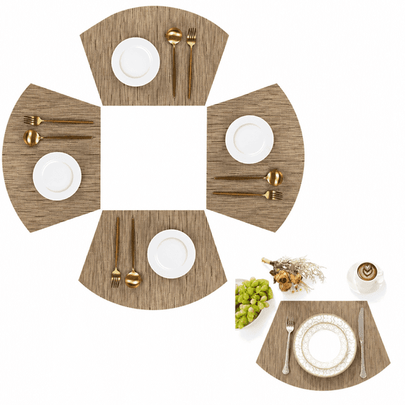 4-Piece Wedge Woven Vinyl Placemats Set of 4, Curved Wipeable Placemats for Round Table, Small Wipe Clean Kitchen Table Mats Fit Round Glass Dining Table Set for 4, Tan