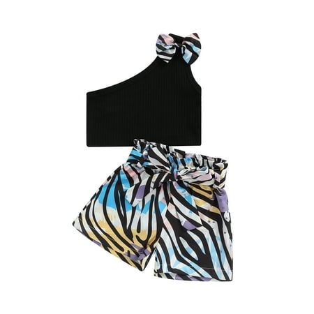 

Suanret Summer Toddlers Infants Girls Shorts Suit Bow One-shoulder Tops Zebra Print Belted Shorts Daily Wear Black 12-18 Months