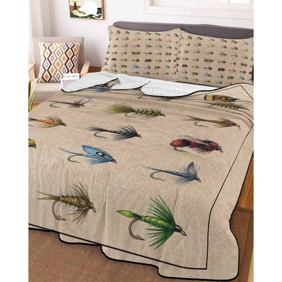 Ocean Fishhooks King Size Down Alternative Comforter, Lightweight Comforter Quilt Bedding Set with Pillow Shams Vintage Coastal Fishing Pattern Brown All Seasons Bed Comforter Duvet Insert 96"x106"