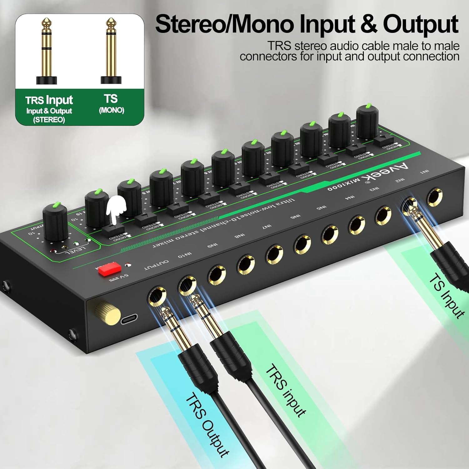 Aveek 10 Channel Mixer - Mini 10 Stereo Audio Mixer, Low-Noise for Precision Sub-Mixing,1/4" TRS Ideal for Mics/Guitars/Bass/Stage