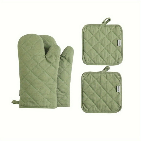 YOPTOP 4pcs Set Extra Thick Heat-Resistant Oven Mitts & Pot Holders 13” - Durable Cotton Kitchen Gloves and Pads for Cooking Baking Grilling - Gray,Green