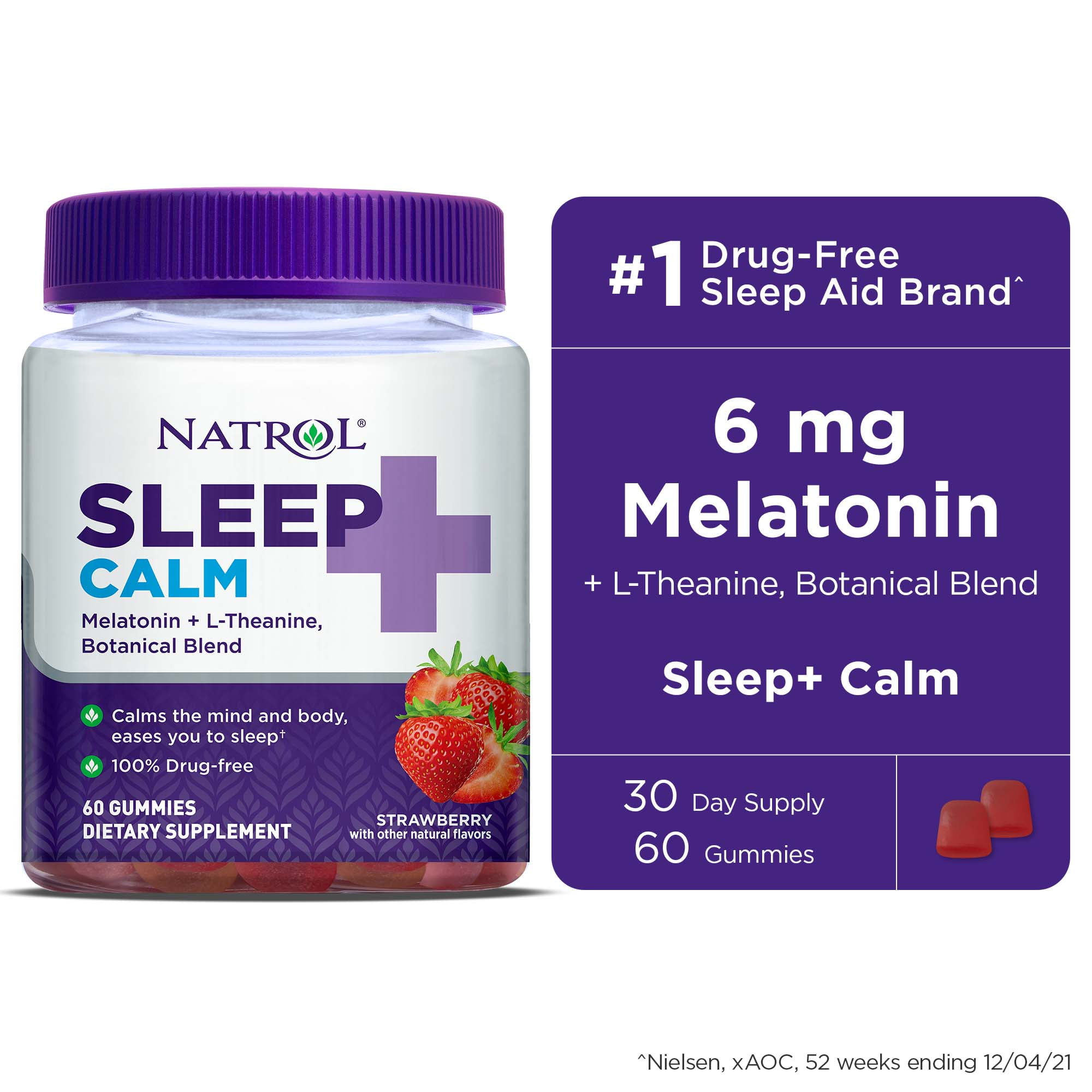 Natrol Sleep+ Calm, Melatonin and L-Theanine, Strawberry Gummies, 60ct