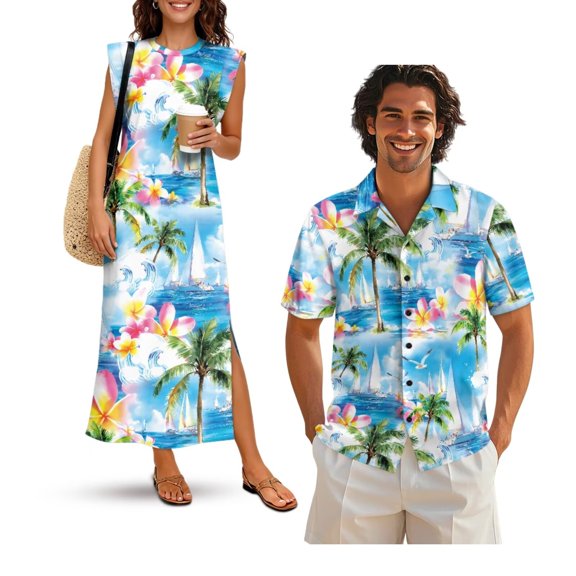 KUIFORTI Summer Couple Matching Outfits Coconut Tree Mens Casual Shirts Hawaii Dress with Soft Fabric Slit Design Maxi Dress with Pockets 4-Way Stretch for Summer Vacation Trip