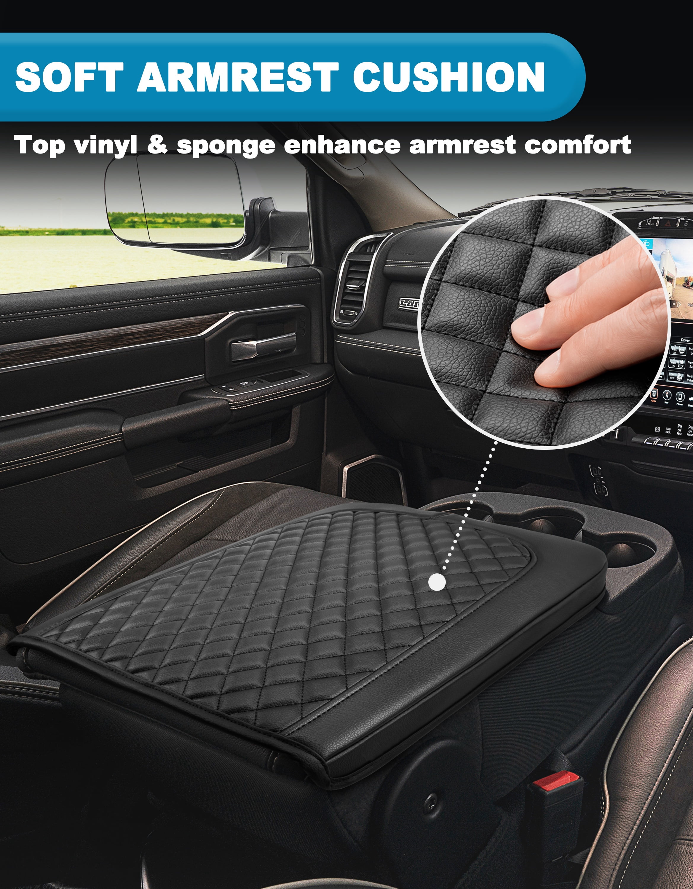 KBH Center Console Cover for Dodge Ram 1500 2013-2018, Ram 2500/3500/1500 Classic Model 2013-2025, Black Leather Middle Console Armrest Cover for Truck Accessories Interiror