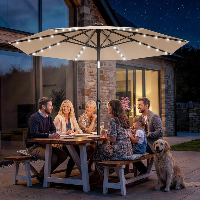lighted patio table umbrellas 10FT Solar Powered 24 LED Umbrella, Market Umbrella, Blue min diameter and fits most tables with patio umbrella holes EliteShade USA 10-Year-Non-Fading 9ft Market