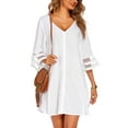 thumbnail image 2 of KOMOO Women Chiffon Shirt Smock 3/4 Sleeve V Neck Button Loose Shirt Dress Oversize Bikini Cover-Up, 2 of 6