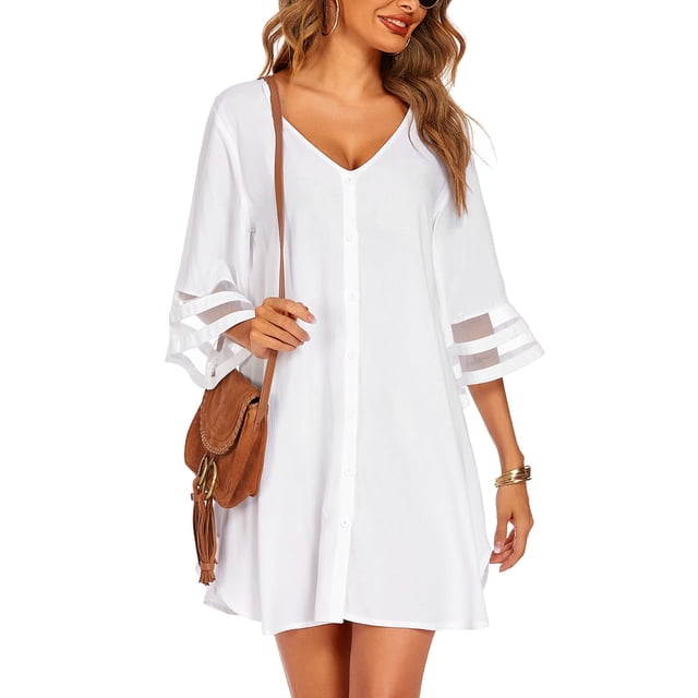 Kmbangi Robe de Plage pour Femme, Cache-Maillot, Coupe Ample, Boutonnée, Manches 3/4, Col en V, Chiffon, Couleur Unie