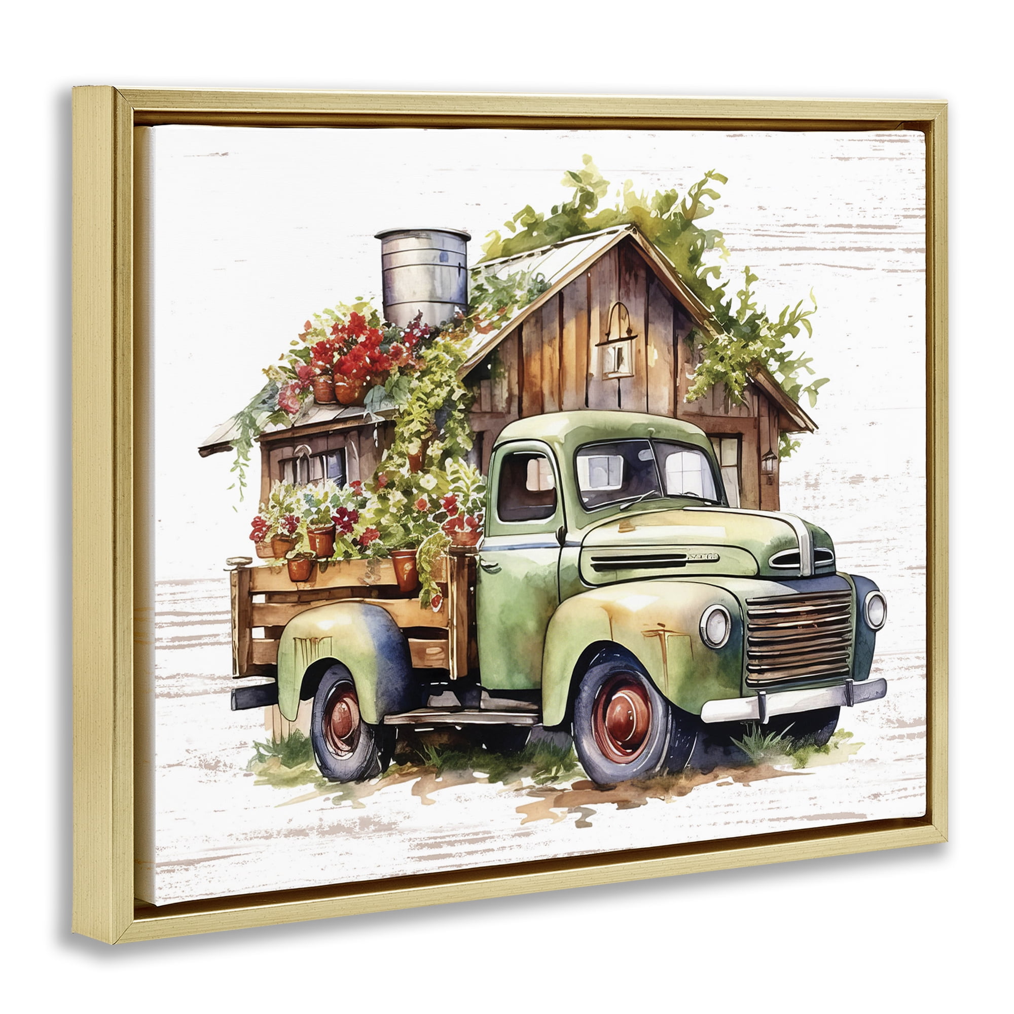 Stupell Industries Rustic Pickup with Greenery Transportation Painting Gold Floater Framed Canvas Art Print Wall Art, 31 x 25