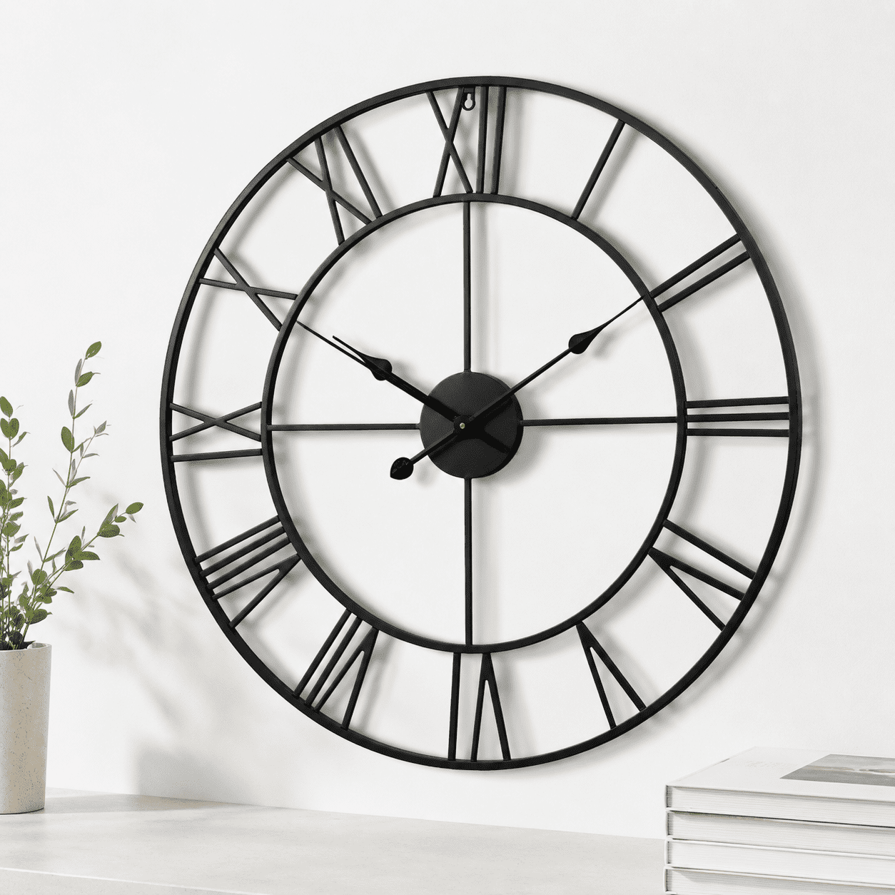 30 Inch Black Metal Wall Clock with Roman Numerals for Living Room Decor