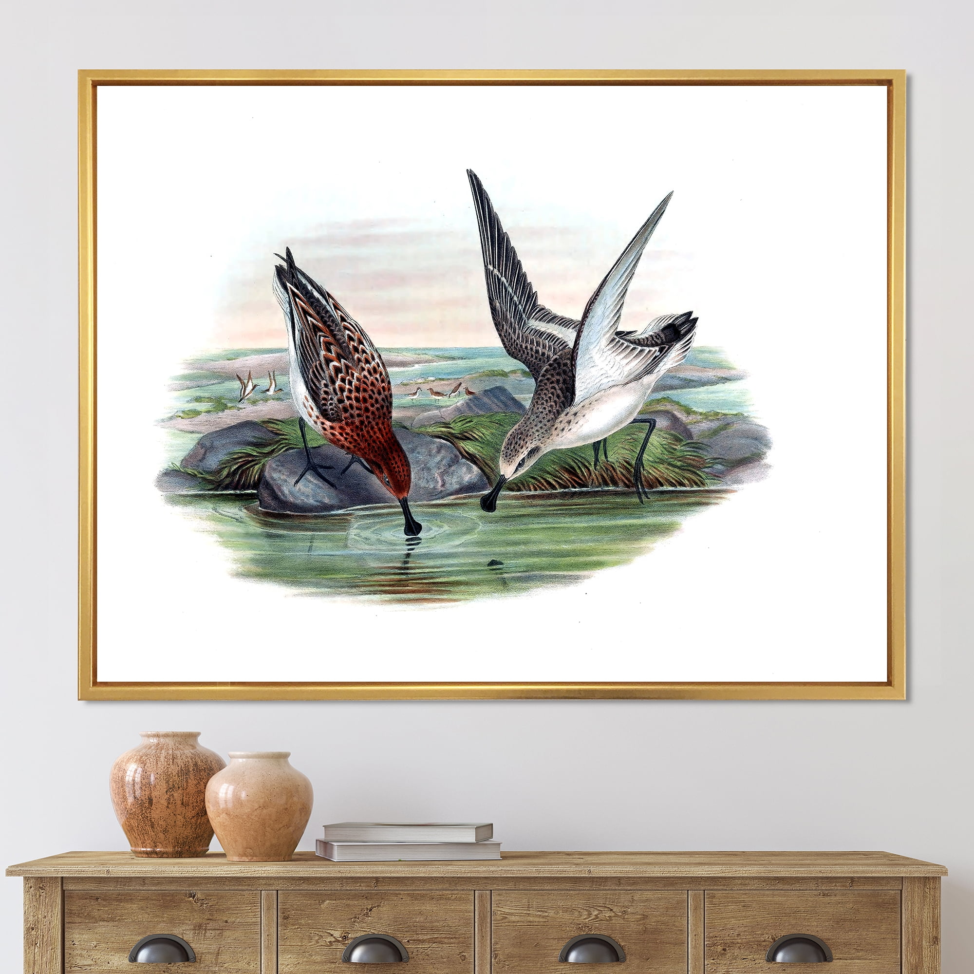 Vintage Countryside Two Birds In Lake 40 in x 30 in Framed Painting Canvas Art Print, by Designart