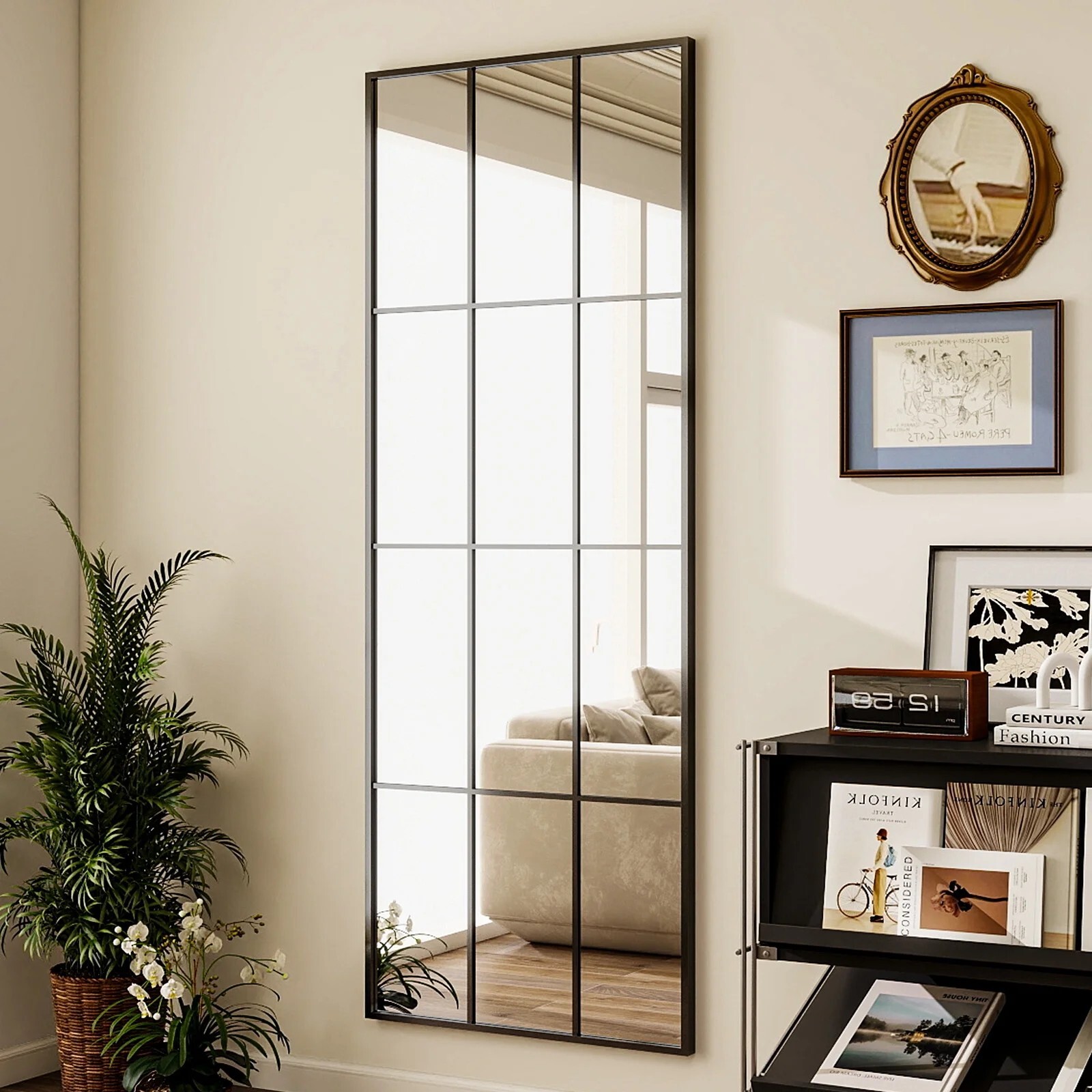 AUROMIR 69"x25" Windowpane Full Length Wall-Mounted Floor Mirror, Black