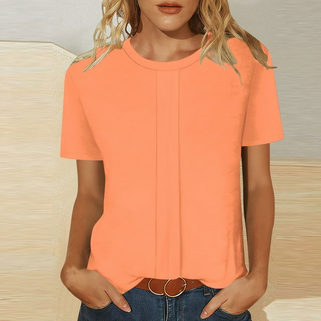 HongQid Womens Tops Summer Short Sleeve Crewneck Pleated T Shirts Fashion Basic Tee