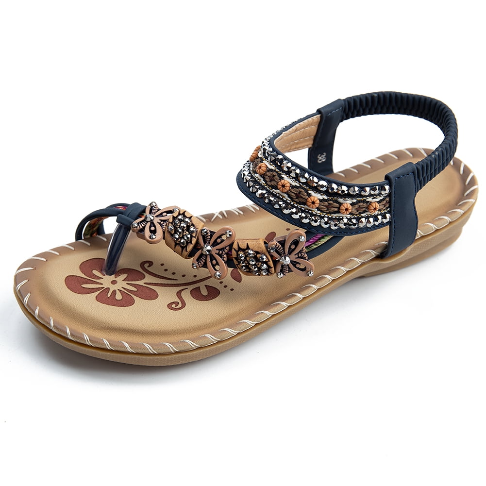 Womens Boho Beads Sandals Beach Party Flip Flops Flats Gladiator Shoes 8C 