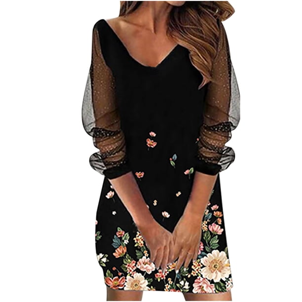 Mujer moda cuello en V manga larga Casual flores y mariposa Patchwork Midi falda vestidos Fridja NMB3778